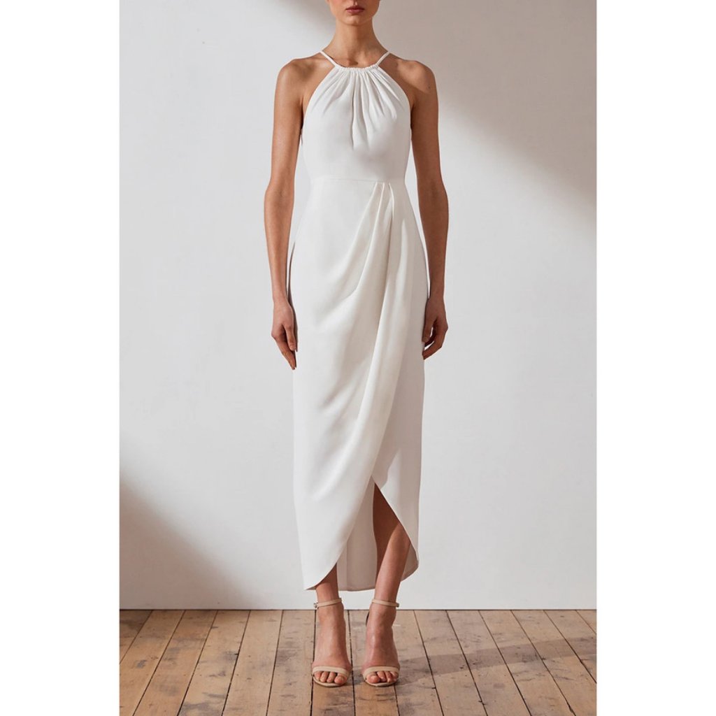Nwt Shona Joy Core High Neck Sleeveless Ruched Tulip Hem Midi Dress Ivory